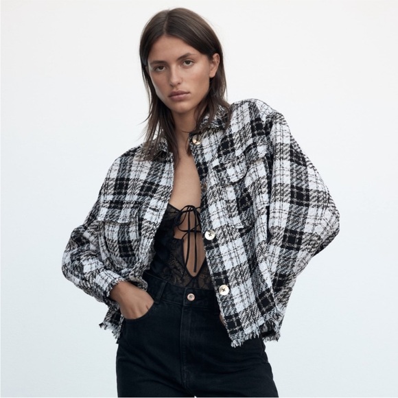 Zara Black and White Plaid Varsity Jacket - Picture 1 of 2